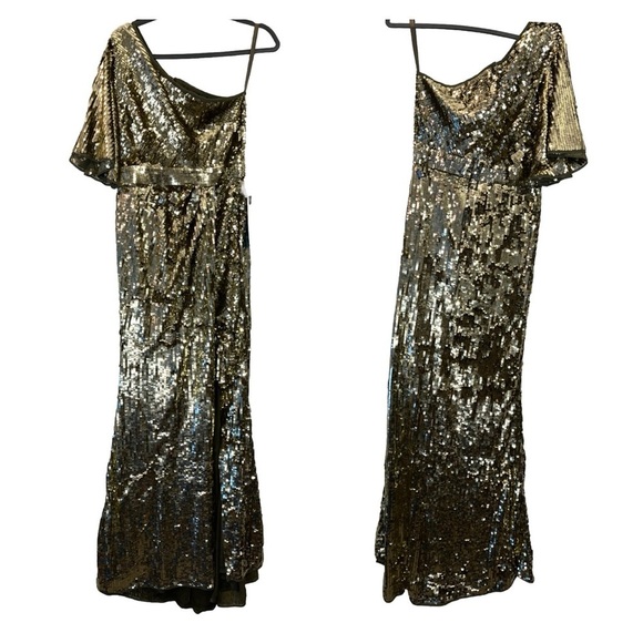 MAC DUGGAL 93540 dress gold 6 sequin one shoulder formal gown maxi wedding prom - Picture 6 of 16